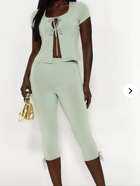 Fashion Nova Mint Green Tie-Front Crop Top & Capri Set